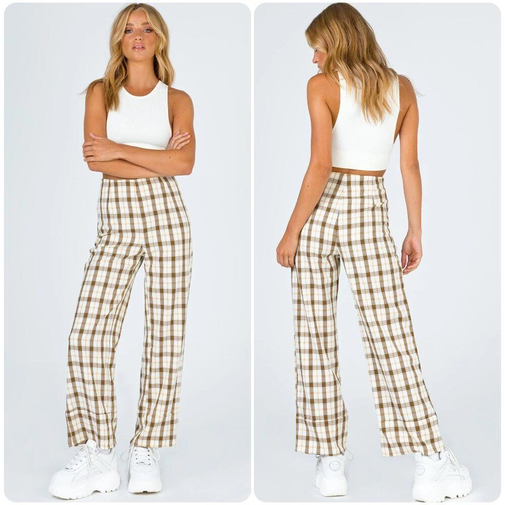 Princess Polly Euros Plaid Wide Leg Pants in Yellow Check | Size 0